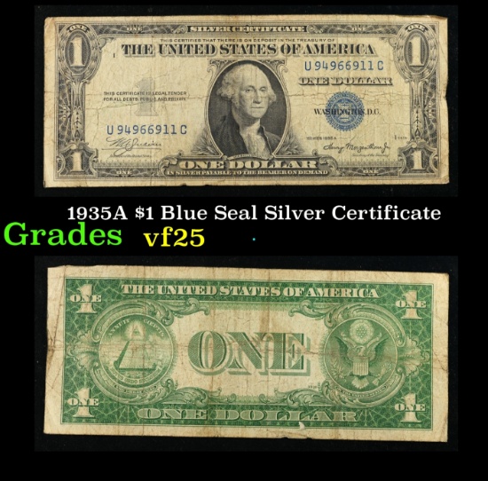 1935A $1 Blue Seal Silver Certificate Grades vf+