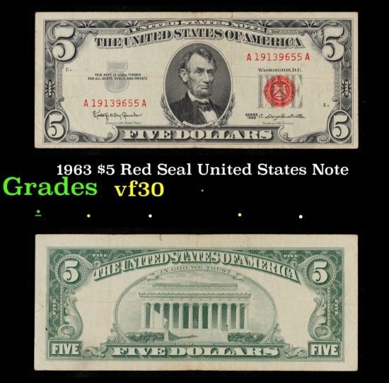 1963 $5 Red Seal United States Note Grades vf++