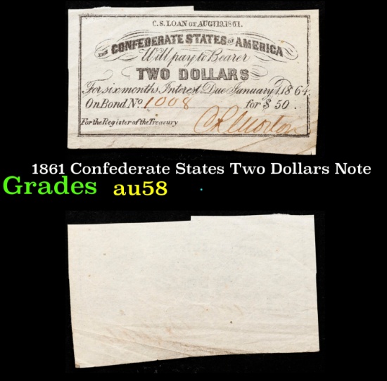 1861 Confederate States Two Dollars Note Grades Choice AU/BU Slider