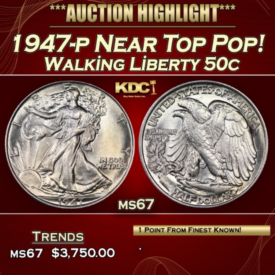 1947-p Walking Liberty Half Dollar Near Top Pop! 50c ms67 SEGS