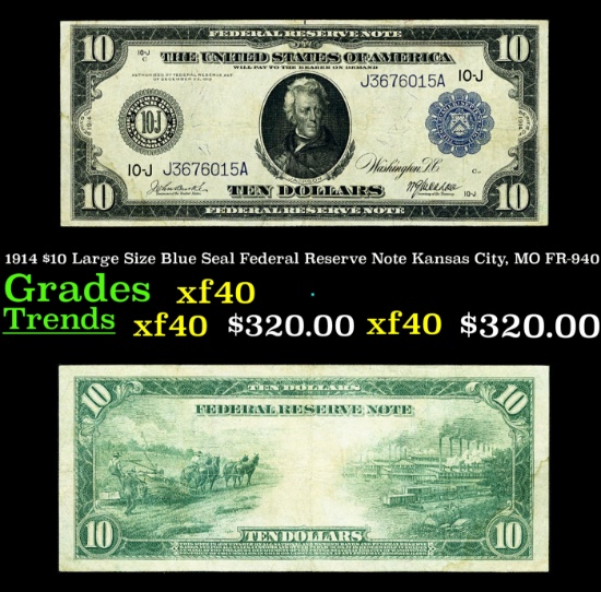 1914 $10 Large Size Blue Seal Federal Reserve Note Kansas City, MO Grades xf FR-940