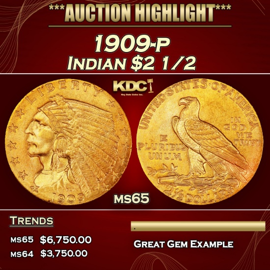 1909-p Gold Indian Quarter Eagle $2 1/2 ms65 SEGS