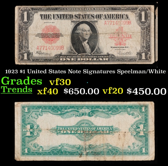 1923 $1 United States Note Grades vf++ Signatures Speelman/White