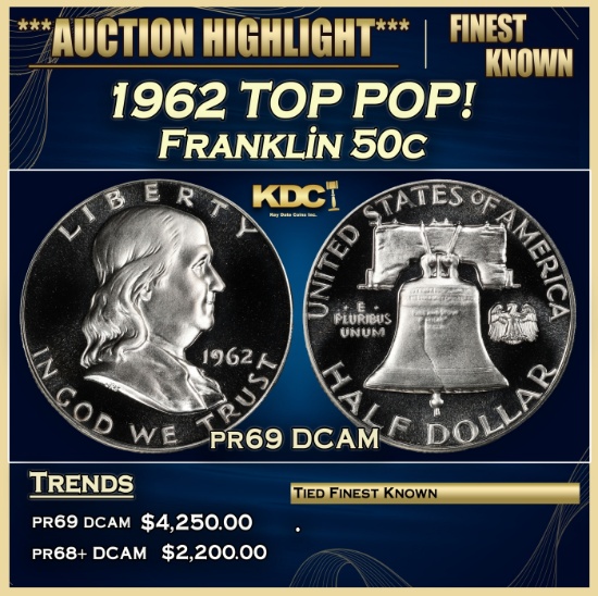 1962 Proof Franklin Half Dollar TOP POP! 50c pr69 DCAM SEGS