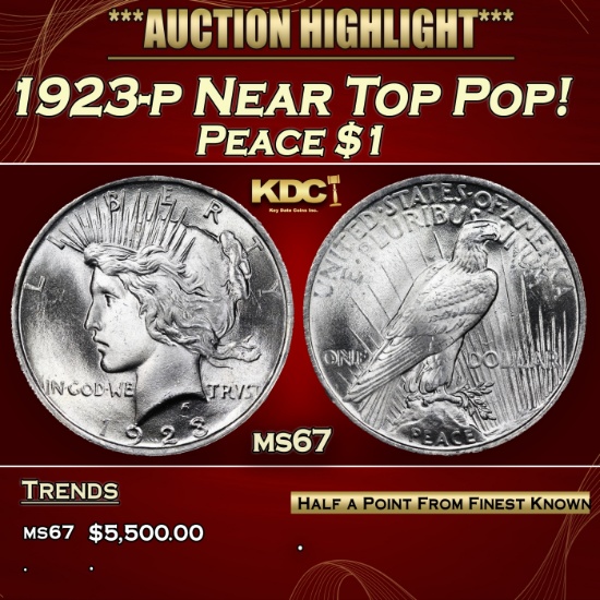 1923-p Peace Dollar Near Top Pop! $1 ms67 SEGS