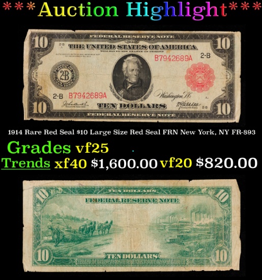 1914 $10 Large Size Red Seal FRN Rare Red Seal New York, NY Grades vf+ FR-893
