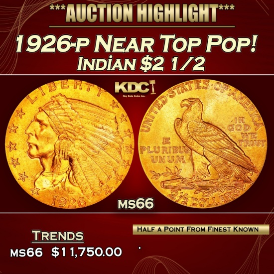 1926-p Gold Indian Quarter Eagle Near Top Pop! $2 1/2 ms66 USCG