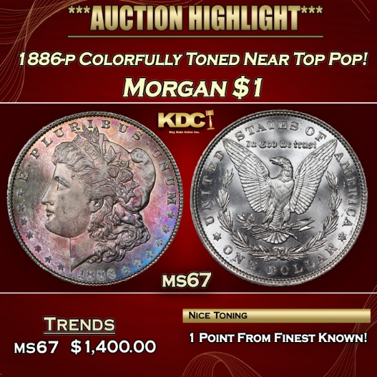 1886-p Morgan Dollar Colorfully Toned Near Top Pop! $1 ms67 USCG