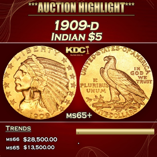 1909-d Gold Indian Half Eagle $5 ms65+ USCG