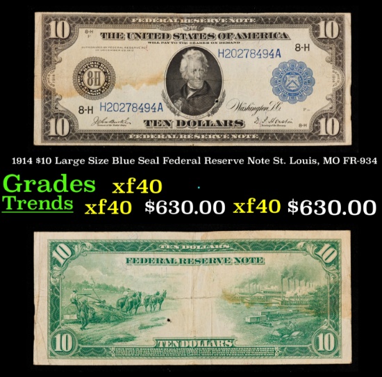 1914 $10 Large Size Blue Seal Federal Reserve Note St. Louis, MO Grades xf FR-934