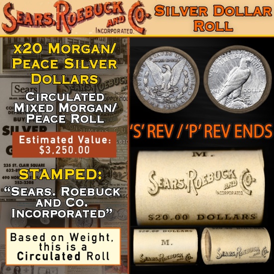 92- 20 Mixed Morgan/Peace SEARS Dollar Roll Circ Morgan 'S' Rev/Peace 'P' Rev Ends