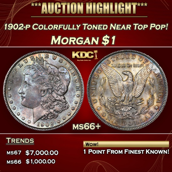 1902-p Morgan Dollar Colorfully Toned Near Top Pop! $1 ms66+ SEGS