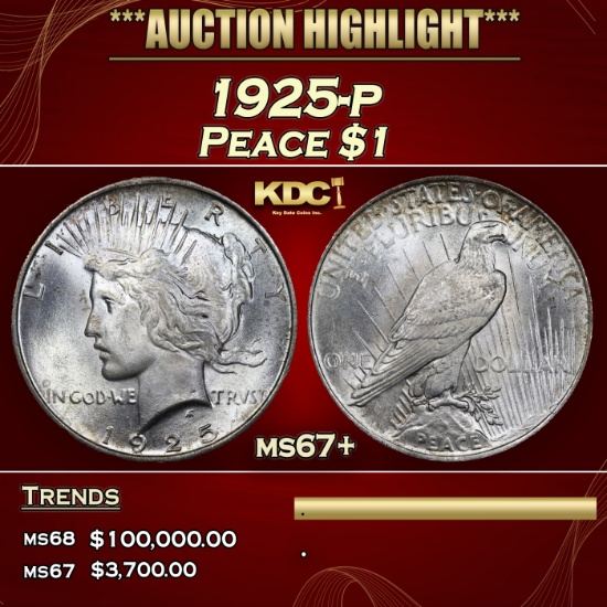 1925-p Peace Dollar $1 ms67+ SEGS
