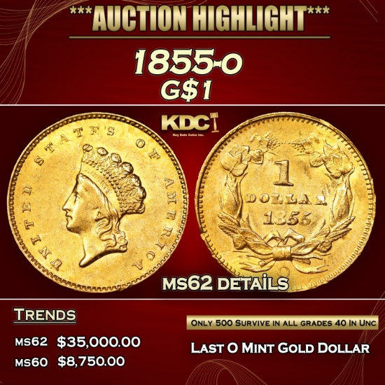 1855-o Gold Dollar $1 ms62 details SEGS