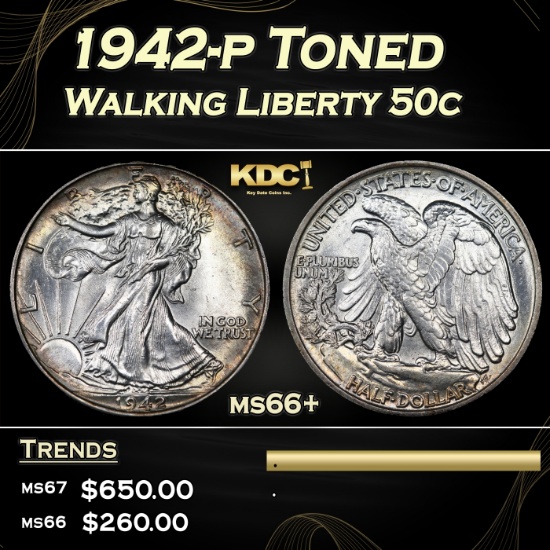 1942-p Walking Liberty Half Dollar Toned 50c Grades ms66+