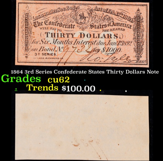 1864 3rd Series Confederate States Thirty Dollars Note Grades Select CU
