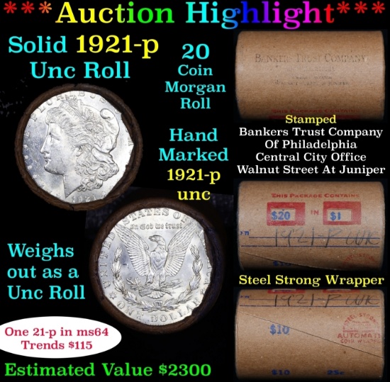 Full solid date 1921-p Uncirculated Morgan silver dollar roll, 20 coins
