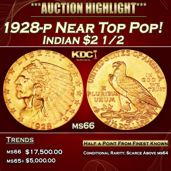 1928-p Gold Indian Quarter Eagle Near Top Pop! $2 1/2 ms66 USCG