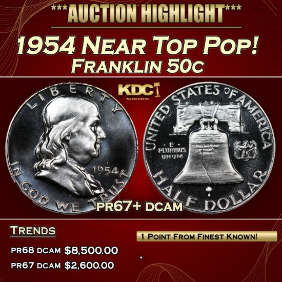 1954 Proof Franklin Half Dollar Near Top Pop! 50c pr67+ dcam SEGS