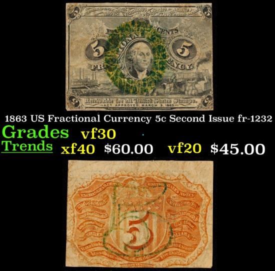 1863 US Fractional Currency 5c Second Issue fr-1232 . Grades vf++