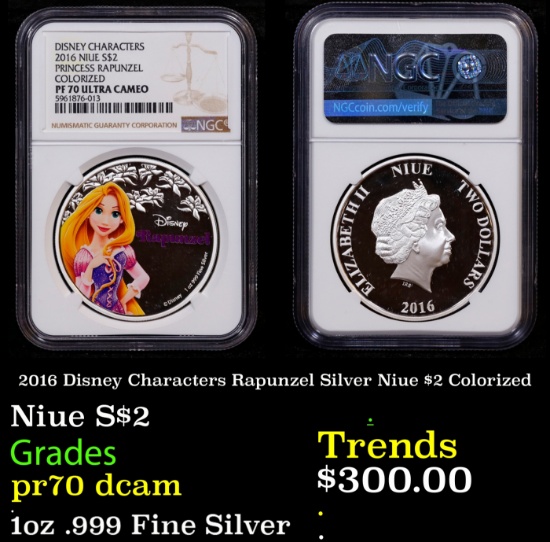 NGC 2016 Disney Characters Rapunzel Silver Niue $2 Colorized Proof pr70 dcam NGC