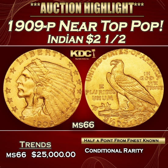 1909-p Gold Indian Quarter Eagle Near Top Pop! $2 1/2 ms66 USCG