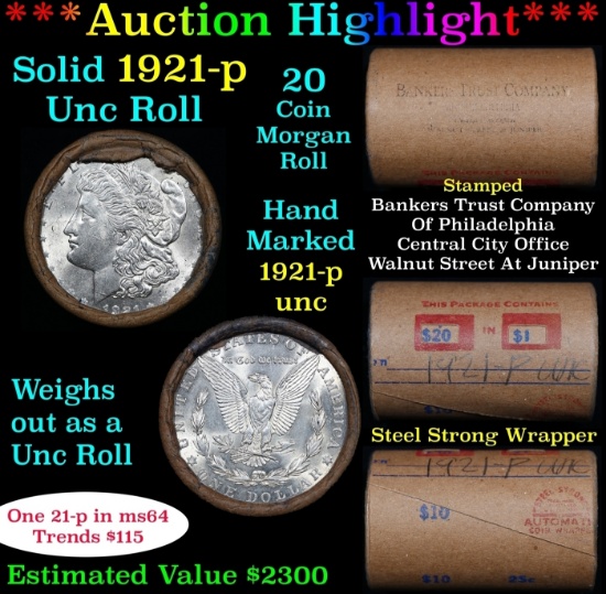 Full solid date 1921-p Uncirculated Morgan silver dollar roll, 20 coins