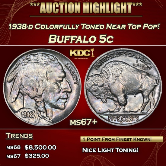 1938-d Buffalo Nickel Colorfully Toned Near Top Pop! 5c ms67+ SEGS