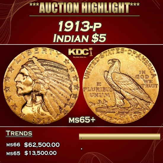 1913-p Gold Indian Half Eagle $5 ms65+ USCG