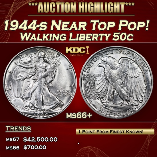 1944-s Walking Liberty Half Dollar Near Top Pop! 50c ms66+ SEGS