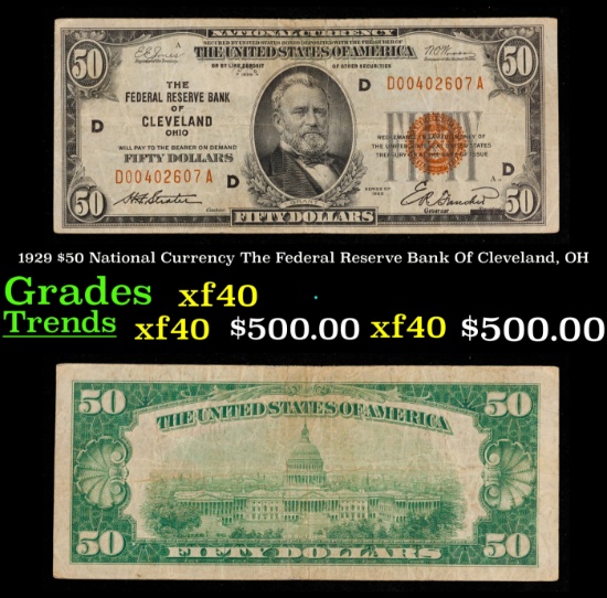 1929 $50 National Currency The Federal Reserve Bank Of Cleveland, OH Grades xf