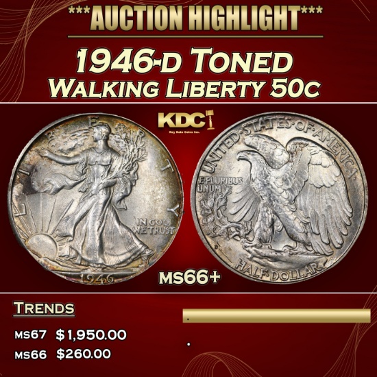 1946-d Walking Liberty Half Dollar Toned  50c ms66+ SEGS