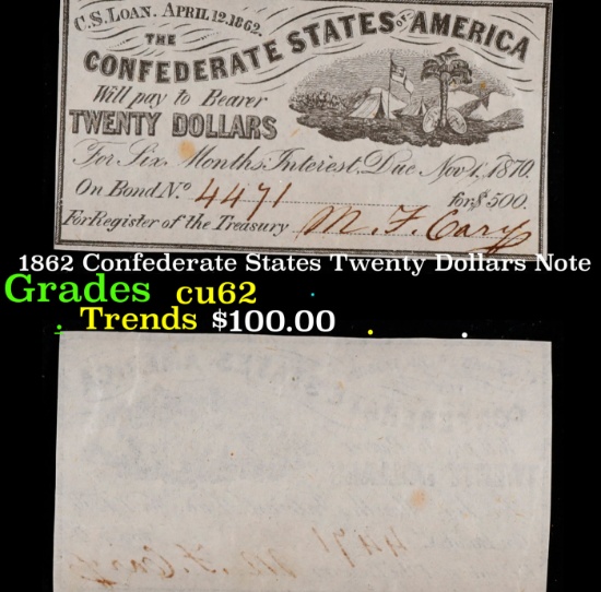 1862 Confederate States Twenty Dollars Note Grades Select CU