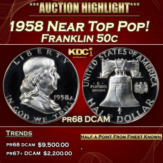 1958 Proof Franklin Half Dollar Near Top Pop! 50c pr68 DCAM SEGS