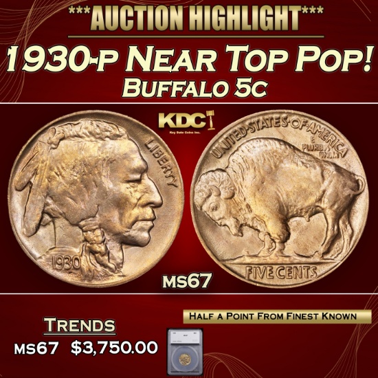 1930-p Buffalo Nickel Near Top Pop! 5c ms67 SEGS