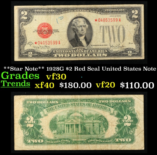 **Star Note** 1928G $2 Red Seal United States Note Grades vf++