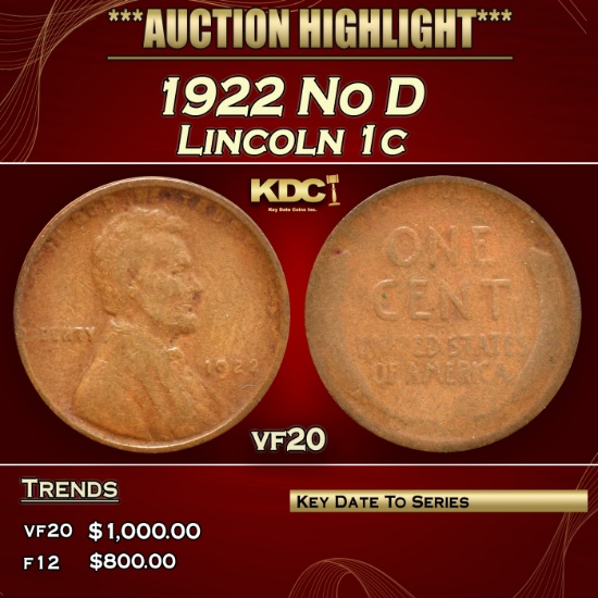 1922 No D Lincoln Cent 1c vf20 USCG