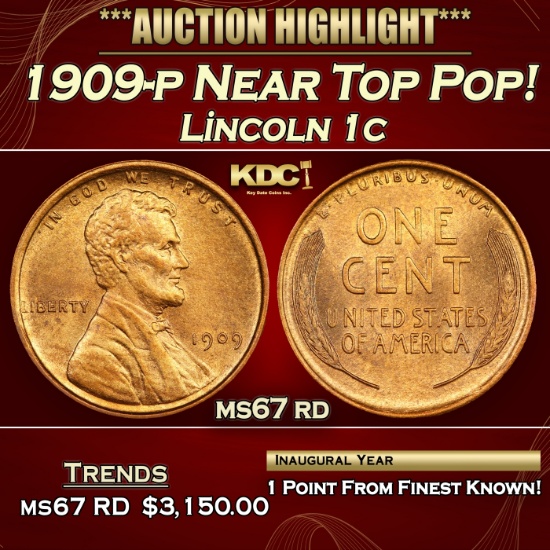 1909-p Lincoln Cent Near Top Pop! 1c ms67 rd SEGS