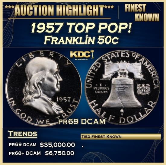 1957 Proof Franklin Half Dollar TOP POP! 50c pr69 DCAM SEGS