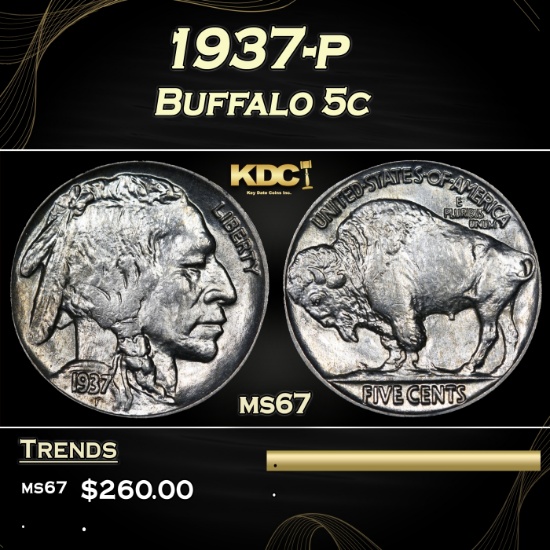 1937-p Buffalo Nickel 5c Grades ms67