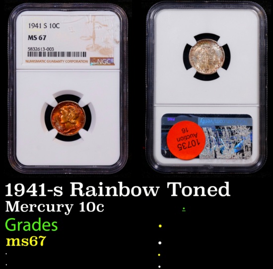 NGC 1941-s Mercury Dime Rainbow Toned 10c ms67 NGC