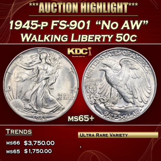 1945-p Walking Liberty Half Dollar FS-901 "No AW" 50c ms65+ SEGS