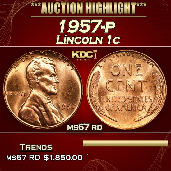 1957-p Lincoln Cent 1c ms67 rd USCG