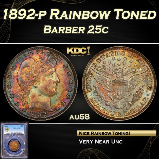 PCGS 1892-p Barber Quarter Rainbow Toned 25c au58 PCGS
