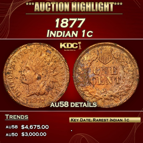 1877 Indian Cent 1c au58 details SEGS
