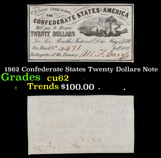 1862 Confederate States Twenty Dollars Note Grades Select CU