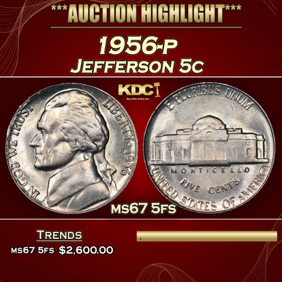1956-p Jefferson Nickel 5c ms66+ 5fs SEGS