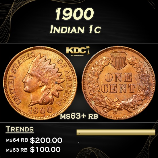 1900 Indian Cent 1c Grades ms63+ rb