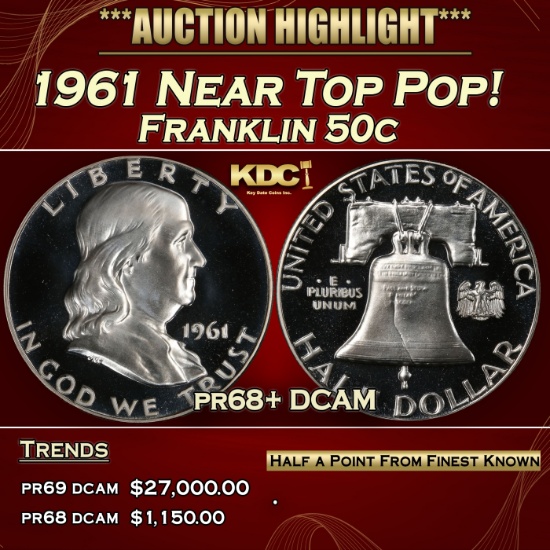 1961 Proof Franklin Half Dollar Near Top Pop! 50c pr68+ DCAM SEGS