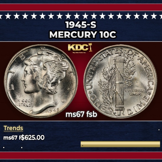 1945-s Mercury Dime 10c ms67 fsb SEGS